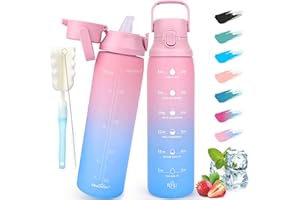 GXCROR 1 Litre Water Bottle with Straw, BPA Free Leakproof Sports Water Bottles with Motivational Time Marker, Large Drinking Bottles Flask Great for Gym, School, Office and Outdoors (Light Pink Blue)