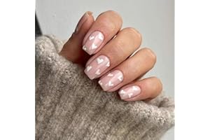 TMUT 24pcs Square False Nails Short Stick on Nails White Heart Press on Nails Removable Glue-on Nails Fake Nails Women Girls Nail Art Accessories