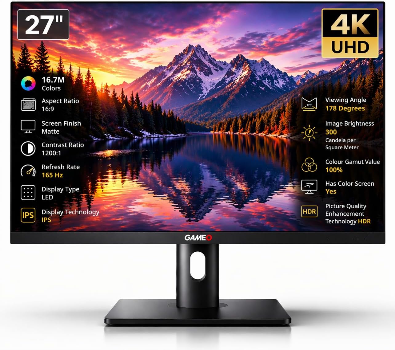 GAMEO 27 Inch Gaming Monitor, 4K UHD 3840×2160 165Hz, Fast IPS Computer Monitor, 1ms MPRT, HDR ready, 100% sRGB, Adaptive Sync, HDMI 2.1 & DP 1.4, Height Adjustable, VESA 100x100, G Series 27UHD165IPS