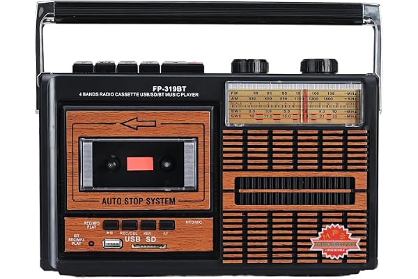 Lecteur et enregistreur de Cassettes rétro Portable Lychee avec Radio AM/FM/SW1-2 à Quatre Bandes, Haut-Parleur intégré, Prise Casque 3,5 mm, Prise SD/USB (F-319BT)