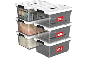 Cetomo 35L*6 Storage Boxes, Carry Plastic Storage Box with Lids, Organizing Container with Handle and Secure Latching Buckles, Stackable, Nestable, Tote Bin for Home Clothes, 35L-6Pack, Clear Black