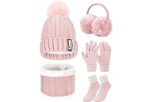 UMIPUBO Gorro Bufanda de punto Guantes Invierno Set de Bufanda y Gorro Conjunto de Excursión Esquí de Invierno de Mujeres 5 Piezas, Gorro Bufanda Guantes de Punto Orejeros Medias