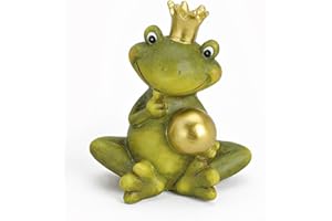 TEMPELWELT® Deko Garten Figur Frosch Froschkönig 15 cm, Keramik Grün Beige Mit Goldkugel, Dekofigur Märchenfrosch Gartendeko Tierfigur für Frühling Sommer Herbst