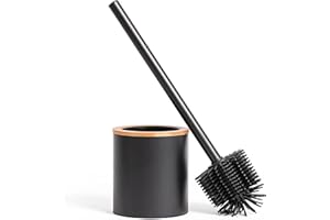 KAZAI. Brosse de Toilette en Silicone et Porte-Brosse de Toilette en Optique Bois | Acier Inoxydable, Tête en Silicone, Design en Bambou | Brosse WC pour Salle de Bain | Le Noir