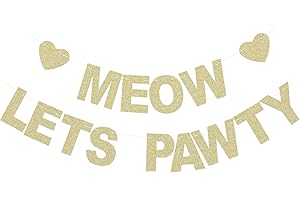 GIUFFI Meow Let's Pawty Banner - Pet Kitten's Birthday Party Backdrops - Pet Cats Party Gold Glitter Paper Photoprops