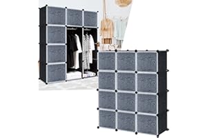 ‎HENGMEI HENGMEI Kleiderschrank Garderobe Regalsystem mit Türen PP Kunststoff Aufbewahrung von Kleidung, Büchern DIY Montage Steckregal (12 Boxen mit Tür, Schwarz)