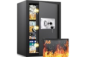 Mejasg Large Fireproof Safe for Home with A4 Fireproof Bag and 2 Removable Shelves, 64L Anti-Theft Home Safe Box with Alarm and Silent Mode, Fire Safes Money Safes for Money Jewelry A4 Document
