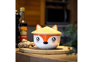 Elbenwald Fox Kawaii miska z pokrywką dla fanów anime Ramen-Bowl miska na płatki śniadaniowe okrągła z nadrukiem 550 ml ceramiczna biała