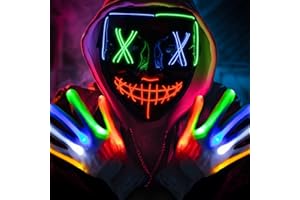Fulybao Halloween Purge Mask, Scary Led Halloween Masks, 3 Modes Light UP Mask & 6 Modes Glow Gloves, The Purge Costume for Men Women Kids, Cosplay Horror Props Party Gifts