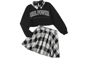 Momkonzz Ensemble jupe à carreaux pour filles - Imprimé - Haut polo - 7-14 ans