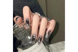 Moguri® 24 sztuki szarych, czarnych sztucznych paznokci do naniesienia, średnia długość, błyszczące, białe, srebrne, sztuczne paznokcie, gwiazdy, księżyc, róż, sztuczny akryl