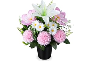 SIFOEL Fleurs de cimetière artificielles en pot, chrysanthmes artificielles avec pot, fleurs funéraires pour cimetière, décoration de tombe (1 pièce, blanc et rose)