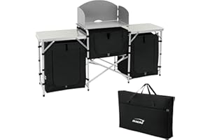 Hauki Cuisine de Camping Pliable, avec Sac de Transport, Meuble à Étagères de Rangement, Noir, Aluminium/Tissu Oxford, avec Pare-Vent et Plan de Travail, Armoire de Tente Idéale pour Extérieur Voyage