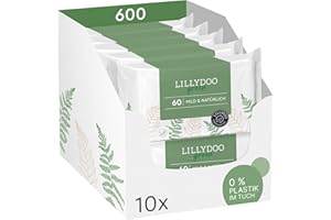 ‎LILLYDOO LILLYDOO green Feuchttücher, 600 Stück (10 x 60), 100% plastikfreies, reißfestes Tuch - ohne Parfüme, mild & natürlich, sanft reinigend für empfindliche Haut, Dermatologisch getestet