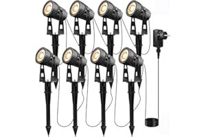 LAM(MS)PEN 8 focos de jardín LED de luz de jardín blanco cálido COB, iluminación de jardín LED con Pincho, lámpara de jardín 12V 24W IP65 impermeable 2100LM 26m de cable para jardín exterior, árbol de césped