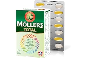 MÖLLER'S Moller’s ® | Total | Complément Alimentaire | Complément Alimentaire Nordique d'oméga-3 avec EPA et DHA | Large spectre de vitamines et de minéraux | Ginseng, l'aubépine et rhodiole | 56 gélules