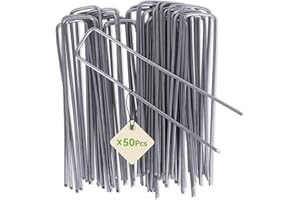iropro Pack of 50 150mm / 6" U Shaped Heavy Duty Weed Membrane Pegs Galvanised Steel Metal Garden Pegs for Netting Weed Control Fabric Securing Ground Staples Anti-Rust Artificial Grass Pins Silver