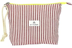 MY Wander | Neceser Mujer de Tela Algodón y Lino | Estampado Rayas Rojo| Maquillaje y Viaje | Bolsa de Aseo Plegable con Cremallera Fluorescente | Cordón de Mano | 20x28x6cm
