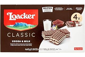 Loacker, Classic Cocoa & Milk Multipack, Wafer Classico con 3 Strati di Cialde al Cacao Farcite con Crema al Latte Alpino, Merenda e Snack, Formato Convenienza, 1 Confezione da 4 Wafer da 45g