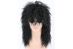 LeMarnia 70er/80er Rocker Vokuhila Perücke Schwarz lang lockig Unisex Erwachsene Perücke Halloween Cosplay Kostüm Perücke