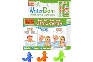 WaterDam Tapones para los oídos de natación, impermeables, ultracómodos, para evitar los oídos del nadador (tamaño 1+2A+2: niños, adolescentes, orejas pequeñas y medianas para mujeres (azul, naranja,