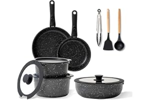 BOREINE Batterie Cuisine Induction 14 Pce, Poele Casserole Induction, Manche Amovible, Antiadhésif sans PFOA/PFAS, Compatible Tous Feux (Induction, Vitrocéramique, Gaz, Four) - Noir