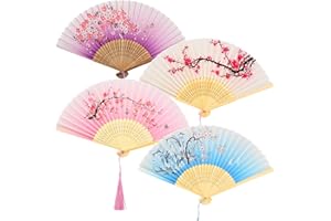 GUKASXI 4-pak składanych wachlarzy, ręczne wachlarze z jedwabnej tkaniny, składane wachlarze ręczne z frędzlami, wydrążony, rzeźbiony, ręczny, drewniany, chiński/japoński, wachlarze ręczne, składane wachlarze