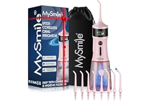 MySmile LP221 UVC Hydropulseur sans fil stérilisable pour les dents 335ML Écran OLED portable avec 4 modes, 8 embouts de jet et une pochette de rangement pour la maison et les voyages (Rose Juteux)