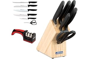 Arcos Juego de Cuchillos de Cocina Profesional y Afilador | 7 Piezas | Acero Inoxidable | Taco de Madera | Serie Niza | Uso Cotidiano | Apto para Lavavajillas