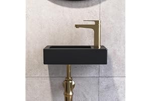DEER VALLEY Wall Hung Basin, DeerValley Small Cloakroom Wash Basin, Rectangular Ceramic Compact Bathroom Sinks Without Overflow – 37 x 18.5 x 9cm (Black, Right Hand)