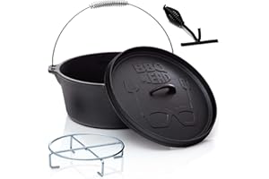 ‎BBQ NERD BBQ-Nerd© Dutch Oven "Starter" 7,2L mit Ständer| bereits eingebrannt - preseasoned | Gusseisen Feuertopf, Bräter mit Deckel inkl. Deckelheber | Feuerfester Grill & Camping Kochtopf, Grilltopf