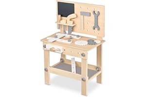 BALINCO Workbench Bambini in Legno, Laboratorio con Attrezzi per Bambini, Sega, Angolo, cacciavite, Ruote dentate, morsa, tavola, Accessori, Giocattoli in Legno a Partire da 3 Anni