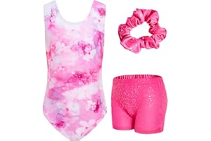 JiAmy Gymnastics Leotards for Girls with Shorts Set, 3Pcs Kids Gymnastics Athletic Outfit, Sleeveless Ballet Dancewear for Kids 3-12 Years