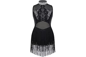 Jowowha Girls Sequins Tassel Hem Latin Dance Dress Leotard Rumba Samba Jazz Dance Dress Costumes