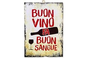 KUSTOM ART Quadretto 25x18 Stile Vintage Buon Vino Fa Buon Sangue da Collezione Stampa su Legno. Per Arredamento Ristorante Pizzeria Bar Hotel