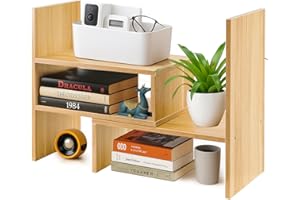 Toemics Adjustable Desktop Bookshelf Expandable Wooden Desk Organiser, Small Desktop Storage Rack for Books, Office Supplies, Space-Saving Bookcase for Home Office (Natural)