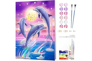 Wenfdrtr Malen Nach Zahlen Kinder ab 6 7 8 9 10 Jahre Mädchen mit Rahmen- Delphine Paint by Numbers für Anfänge, DIY Ölgemälde Leinwand Tiere Acrylfarbe Geschenkidee 20x30cm