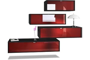 Vladon Parete attrezzata Lana V3 Centro di intrattenimento composto da 4 elementi sospesi con 10 ripiani, struttura in nero opaco, frontali in Bordeaux High Gloss
