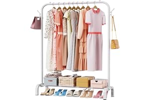 LOEFME Clothes Rail, Portable Clothes Rack with Hooks, 110 * 40 * 150CM Metal Clothing Rail, Clothes Rails for Bedroom, Hanging Rails for Clothes, Holds up to 30 kg, White