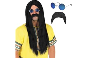 Fun Shack Peluca Hippie Hombre Negro, Pelucas Hippies Hombre, Peluca Años 70 Hombre, Hombre Disfraz Hippie, Disfraz Años 70 Hombre, Disfraz Hippie Hombre, Disfraz Carnaval Hombre Talla Unica