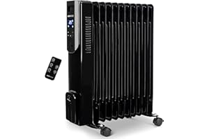 MONHOUSE Oil Filled Radiator - Energy Efficient 11 Fin Portable Electric Heater - Built In Thermostat & Digital Display - Remote Control, Overheat and Tip Over Safety Cut Off - 3 Heat Settings -Black