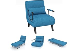 COSTWAY Sofá Cama Convertible, Silla de Dormir Individual Tri-Fold con Respaldo Ajustable de 6 Posiciones, Cojín Desmontable y Asiento Tapizado, Estructura Metálica Plegable (Azul)