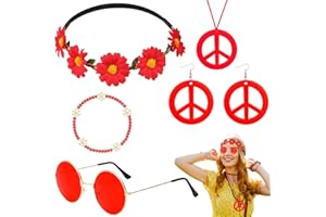 HEAWAA 5 Pezzi Accessori Hippie Donna, Hippie Costume Set Retrò con Occhiali Hippie Vintage Orecchini Collana con Segno di Pace Floreale Colorata Braccialetti per Festa Anni '60 '70