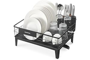 ‎SONGMICS SONGMICS Ociekacz do naczyń, suszarka, obrotowy i wysuwany o 360°, tacka ociekowa, uchwyt na sztućce, kuchenny, 31 x 42 x 18,5 cm, atrament czarny KCS550B01