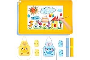 Orifesio 2 Stück Malunterlage für Kinder, Bastelunterlage Kinder 60x40 cm, Malmatte mit 2 Kinderschürze und 2 Paar ÄrmelSchoner, Silikonmatte Groß, Abwaschbar Schreibtischunterlage für Basteln, Malen