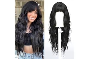 Esmee Peluca Larga Ondulada Negra para Mujer Pelucas Morena con Flequillo de Pelo Sintético Natural Resistente al Calor con Flequillo