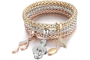 OURAN Xinyixin Braccialetto di Fascino delle Donne, Braccialetto di Catena di Popcorn Stretch Note di Musica Braccialetto di Pendente del Polsino per Ragazze con Cristallo (3pcs / Set) (Mescola Colore)