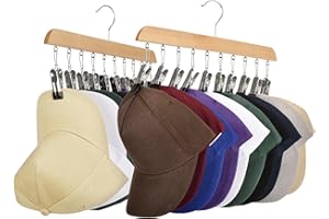 S SANGLE SOPFFY Hat Racks for Baseball Caps 2PCS Wooden Hanger with 10 Rubber-Coated Stainless Steel Clip, Organizer Storage Organizer, Fit All Caps, Clothing Accessories, Log Colour.