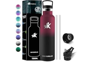 KollyKolla Thermosflasche 1L Kohlensaeure Geeignet, Trinkflasche Edelstahl mit Strohhalm, Thermoskanne BPA-frei, Isolierflasche Auslaufsicher, Wasserflasche für Fitness, Schule, Outdoor, Sport, Gym