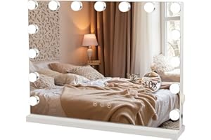 YU YUSING Miroir Maquillage Hollywood Lumineux, Miroir Coiffeuse LED 15 Lumières Dimmables 58X45cm, Contrôle Tactile 2 Couleurs Montage Mural Blanc